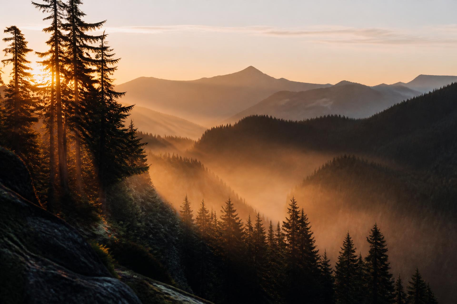 Sunrise over misty mountain ridges